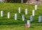 Arlington, Virginia, USA, April 2018: Arlington National Cemetery headstones with American Flag on each