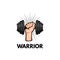 Arm with dumbell. Warrior inscription. Sport symbol, Fitness logo label. Vector.