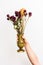 Arm holding vase of dead roses