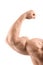 Arm of muscular bodybuilder on white background