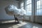 An armchair with clouds. Fluffy cloud around soft armchair in empty room. Peaceful place for thinking. Dreaming, mental health,