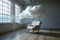 An armchair with clouds. Fluffy cloud around soft armchair in empty room. Peaceful place for thinking. Dreaming, mental health,