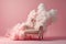 An armchair with clouds. Fluffy cloud around soft armchair. Peaceful place for meditation and thinking. Dreaming, mental health,