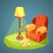 Armchair with pillows, green carpet on floor, lamp shade