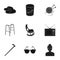 Armchair, slippers, tonometer and other attributes of old age.Old age set collection icons in black style vector symbol