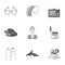 Armchair, slippers, tonometer and other attributes of old age.Old age set collection icons in monochrome style vector