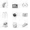 Armchair, slippers, tonometer and other attributes of old age. Old age set collection icons in monochrome style vector