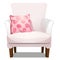 Armchair upholstered with white fabric and soft pink pillow isolated on white background. Vector cartoon close-up