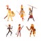 Armed Native People of African and American Aboriginal Tribes with Spear and Bludgeon Vector Set