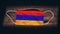 Armenia National Flag at medical, surgical, protection mask on black wooden background. Coronavirus Covidâ€“19, Prevent infection