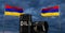 Armenia oil, oil barrel background, Armenia flag on barrel. Oil for Armenia on blue sky background. 3D work and 3D illustration