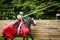 Armored knight on horseback charging in a joust