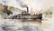 Armored Steamship On The Wide River Watercolor Drawing