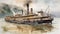 Armored Steamship On Wide River Watercolor Drawing