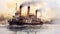 Armored Steamship On The Wide River Watercolor Drawing