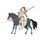 Armoured medieval knight riding on a horse with spear and shield. Flat illustration isolated on white background.