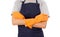 Arms Crossed Wearing Apron And Rubber Gloves.