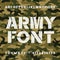 Army alphabet font. Scratched bold type letters and numbers on a seamless camo background.