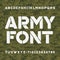 Army alphabet font. Scratched type letters and numbers on a seamless green camo background.