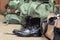 Army boots with duffle bag and dog tags