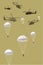 Army helicopter and parachutes icons set. Collection of civil and army military transport helicopters.