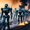 army of humanoid robots marching across a landscape