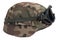 Army Kevlar combat helmet with goggles and camouflage cover
