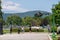 Army military helicopter approaching the West Point parade field in preparation for landing