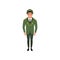 Army officer in formal wear: green jacket, pants and peaked cap. Military theme. Cartoon character of young man. Flat