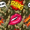 Army seamless pattern. Camouflage print with cool patches. Hand drawn camo fashion background with pop art badges