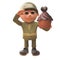 Army soldier character in uniform salutes a delicious chocolate cupcake dessert, 3d illustration