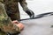 Army soldier lashed cargo with lashing material