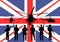 Army soldiers unit with rifles on duty over Great Britain flag vector illustration. United Kingdom protect force with helicopter