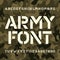 Army stencil alphabet font. Messy type letters and numbers on green camo background.