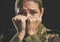 Army, trauma and mental health struggle of a woman veteran from war and soldier work. Portrait of a military worker and