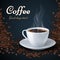 Aroma coffee beans and cup of hot coffee. Product ads vector background