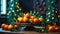 aroma decoration tangerines, candles, decorative fruit Christmas tree branch orange food green december