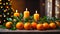 aroma decoration tangerines, winter , decorative festive Christmas tree branch orange food green december