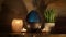 Aroma electric oil diffuser lamp, candles on wooden table in room. Aromatherapy, 4k