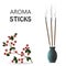 Aroma smoke reed sticks in ceramic blue bottle. Sakura aromatherapy vector illustration.