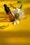 Aromatherapy composition on yellow background. Chamomile essential oil in a glass bottle with chamomile