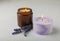 Aromatherapy concept, candle with lavender flowers.Soy candles with lavender scent.