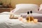 aromatherapy and essential oils on a bed of fluffy pillows, for a peaceful and relaxing atmosphere