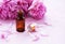 Aromatherapy essentials oils and pink peonies