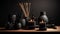 Aromatherapy mockup, black scented candles with aroma reed diffuser on wooden shelf. Generative ai