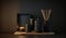 Aromatherapy mockup, black scented candles with aroma reed diffuser on wooden shelf. Generative ai