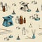 Aromatherapy seamless pattern with hand drawn objects. Incense sticks, essential oils, candle and oil burner.  Vintage pattern can