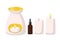 Aromatherapy set. Aroma lamp, candles of different shapes and sizes with bottle of essential oil. Homeopathy or ayurveda