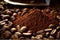 Aromatic Awakening: Close-Up of Coffee Beans and Freshly Ground Coffee, Generative Ai