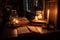 aromatic candle illuminating a cozy study nook, with books and papers strewn about